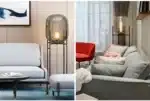 Modern floor lamp with iron frame and glass shade in a cozy living room