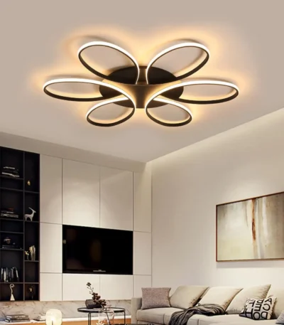 Modern LED Ceiling Light Fixture Black Ceiling Lamp with Remote Control Dimmable 6 Rings Flower Shaped for Living Room