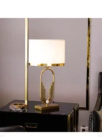 Modern table lamp with fabric shade in a cozy living room setting