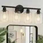 Modern bathroom vanity light with matte black iron body and glass shade, warm white LED glow