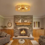 Natural Rattan Flush Mount Ceiling Light Fixture Antique Brass Brush Paint Finish Boho Chandelier for Bedroom Living room
