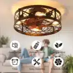 US Stock Free Shipping 19.7in Farmhouse Caged Flush Ceiling Fan Light AC Quiet 6-Speed Reversible with Timer Remote – side