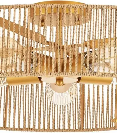 Natural Rattan Flush Mount Ceiling Light Fixture Antique Brass Brush Paint Finish Boho Chandelier for Bedroom Living room