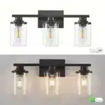 Modern bathroom vanity light with matte black iron body and glass shade, warm white LED glow