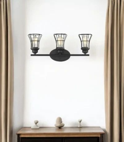 HMS Three-Light Matte Black Cage LED Wall Sconce Modern Square Design with Golden Body Warm White CCT for Indoor Stair