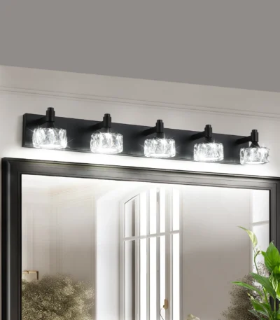 Modern 5-Light Matte Black LED Vanity Light Fixture with Crystal Glass Shades, Bathroom Wall Sconce for Contemporary Home