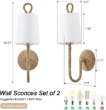 Natural Rattan Wall Sconce Set of 2 Boho Woven Wicker White Shade Wall Light for Vanity Stairway Fireplace Living room