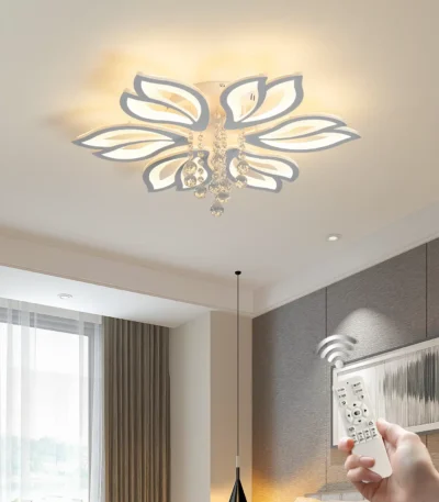 Modern white acrylic flower ceiling light with 6 heads, flush mount chandelier in a bright bedroom, remote control