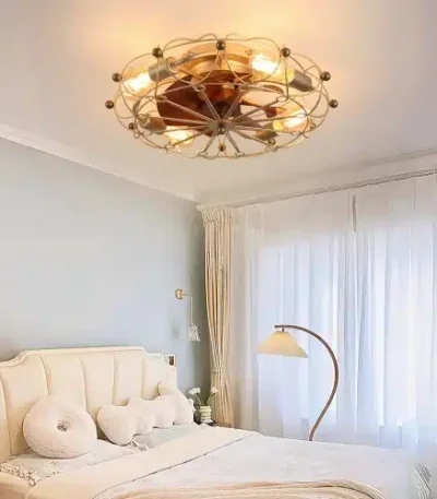 Modern Industrial 60W Low Profile Cage Ceiling Fan with Light 5 Blades Remote Control DC Motor ABS Lamp Body Built-in FCJ