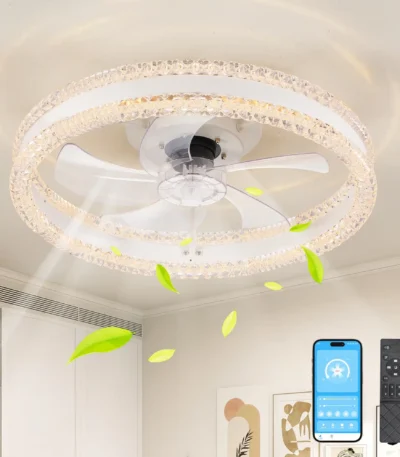 20" Modern Fan Lights Flush Mount LED Ceiling Light With Remote APP Control Dimmable LED 6 Speeds Reversible Blades White