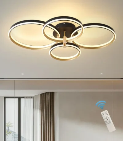 60W Dimmable LED Ceiling Light, Modern 4-Ring Gold Flush Mount with Remote, 3-Color Lighting for Living Room, Bedroom,