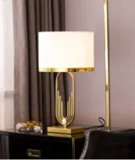 Modern table lamp with fabric shade in a cozy living room setting