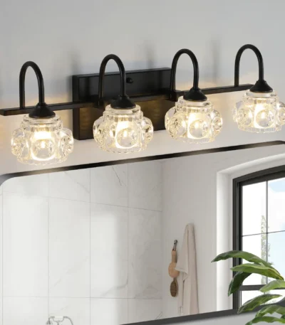 US Stock Free Shipping Matte Black 4-Light Wall Sconce, Crystal Glass Shade Bathroom Vanity Fixture for Makeup Over Mirror
