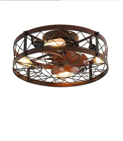 US Stock Free Shipping 19.7in Farmhouse Caged Flush Ceiling Fan Light AC Quiet 6-Speed Reversible with Timer Remote