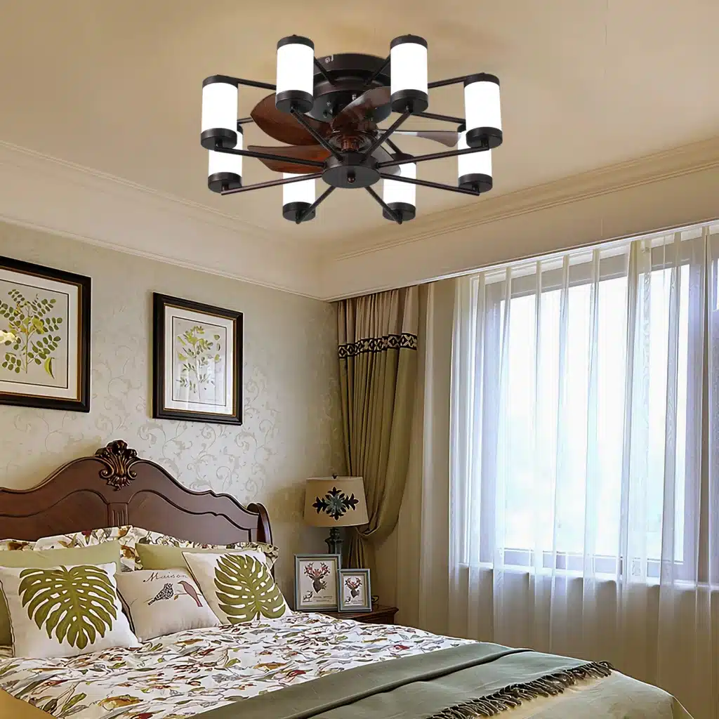 US Stock Free Shipping 22in Coffee Caged Fan Light Industrial Wood Blades 6-Speed Reversible Remote Multi Color LED Ceiling