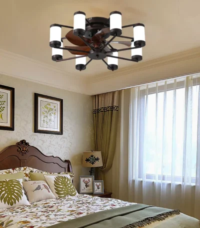 US Stock Free Shipping 22in Coffee Caged Fan Light Industrial Wood Blades 6-Speed Reversible Remote Multi Color LED Ceiling