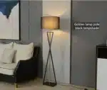 Modern floor lamp with iron frame and fabric shade in a contemporary living room