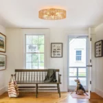 Natural Rattan Flush Mount Ceiling Light Fixture Antique Brass Brush Paint Finish Boho Chandelier for Bedroom Living room