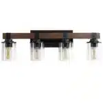 Ship From USA, 27" Rustic 4-Light Vanity Light, Industrial Bathroom Wall Sconce with Glass Shades and Wood Accent (No Bulbs)