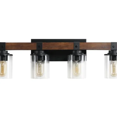 Ship From USA, 27" Rustic 4-Light Vanity Light, Industrial Bathroom Wall Sconce with Glass Shades and Wood Accent (No Bulbs)