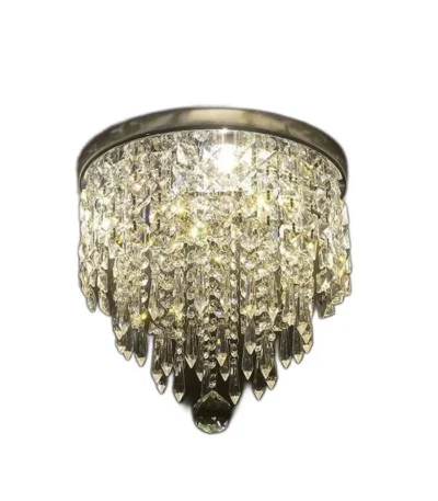 HMS dimmable ceiling light with black and gold metal frame, clear glass shades, and crystal accents, shown in a living