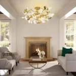 Modern Branch Chandelier Brass Ceramic Ginkgo Leaf Golden Chandelier Ceiling Light for Bedroom Living Room Dining Room