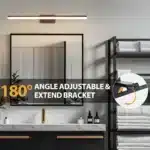 Modern black vanity light with LED bar illuminating a bathroom mirror
