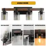 Ship From USA, 27" Rustic 4-Light Vanity Light, Industrial Bathroom Wall Sconce with Glass Shades and Wood Accent (No Bulbs)