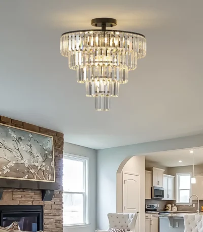 20" Black Crystal Chandelier Ceiling Light, Modern Luxury 10-Light Flush Mount Light Fixture, Elegant Home Lighting (No