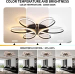 Modern LED Ceiling Light Fixture Black Ceiling Lamp with Remote Control Dimmable 6 Rings Flower Shaped for Living Room