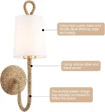 Natural Rattan Wall Sconce Set of 2 Boho Woven Wicker White Shade Wall Light for Vanity Stairway Fireplace Living room