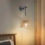Rattan Wall Sconce Lighting, Boho Vintage Wall Mount Lamp with Wooden Shade, Farmhouse Rustic Indoor Wall Light for Bedroom