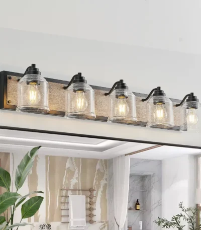 40" Farmhouse Vanity Light Fixture, 5-Light Bathroom Wall Sconce with Clear Seeded Glass Shades, Black and Wood Grain Finish