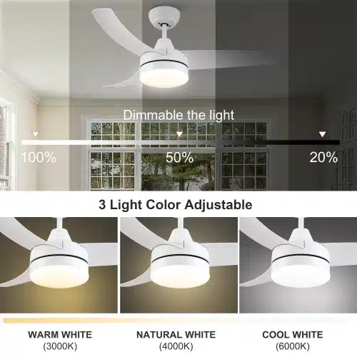 Modern 42-Inch Indoor White Ceiling Fan with LED Light Dimmable AC Motor 52-Inch Blades Remote Control Switch for Dining 220V