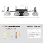 US Stock Free Shipping Matte Black 4-Light Wall Sconce, Crystal Glass Shade Bathroom Vanity Fixture for Makeup Over Mirror