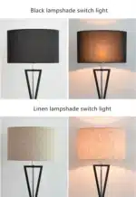 Modern floor lamp with iron frame and fabric shade in a contemporary living room