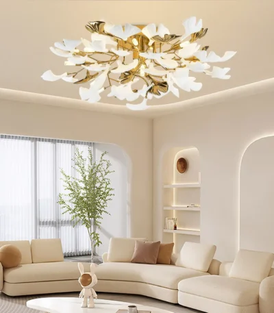 Modern Chandelier Gold Ceramic Ginkgo Leaf Chandeliers Brass Ceiling Light Fixture for Kitchen Living Room Dining Room Foyer