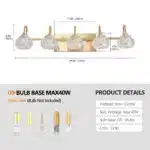 29" Modern Crystal Bathroom Vanity Light,5-Light Golden Wall Sconce with Clear Glass Shade, Elegant Wall Mount Lighting No