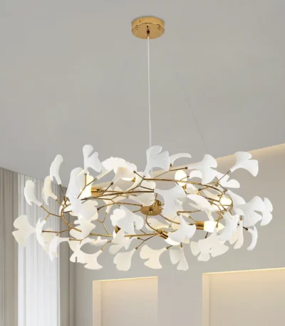 Modern Brass Chandelier with Gold Ceramic Ginkgo Leave Ceiling Light for Dining Room Kitchen Living Room Bedroom