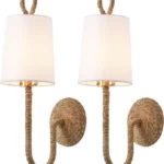 Natural Rattan Wall Sconce Set of 2 Boho Woven Wicker White Shade Wall Light for Vanity Stairway Fireplace Living room