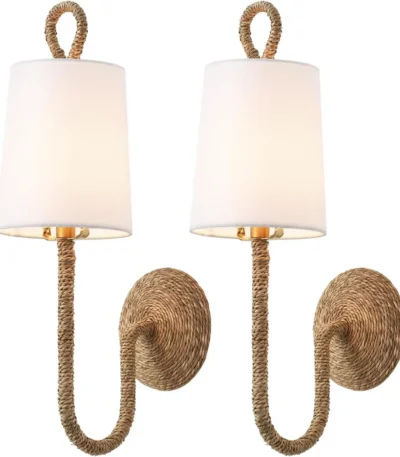 Natural Rattan Wall Sconce Set of 2 Boho Woven Wicker White Shade Wall Light for Vanity Stairway Fireplace Living room