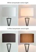Modern floor lamp with iron frame and fabric shade in a contemporary living room
