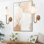 Natural Rattan Wall Sconce Set of 2 Boho Woven Wicker White Shade Wall Light for Vanity Stairway Fireplace Living room