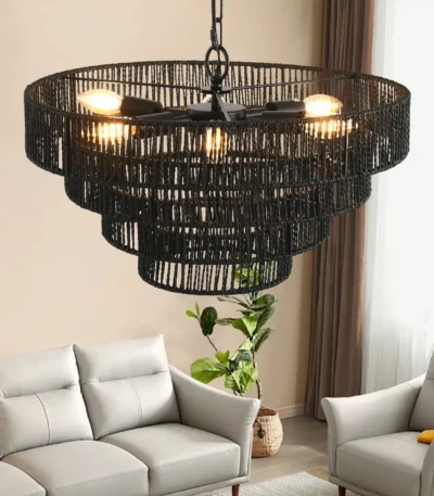20" Rustic 4-Tier Black Hemp Rope Pendant Light with 6 E12 Sockets,Tiered Boho Ceiling Light Fixture (Bulb Not Included)