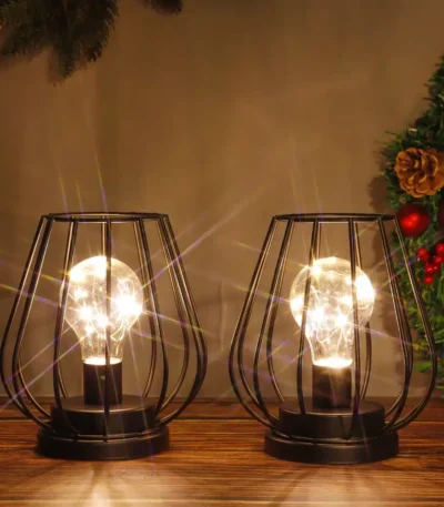 Set of Two Metal Cage Lamp Round Table Lamp for Holiday Decor (2pcs)
