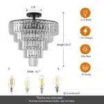 20" Black Crystal Chandelier Ceiling Light, Modern Luxury 10-Light Flush Mount Light Fixture, Elegant Home Lighting (No