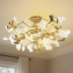 Modern Branch Chandelier Brass Ceramic Ginkgo Leaf Golden Chandelier Ceiling Light for Bedroom Living Room Dining Room