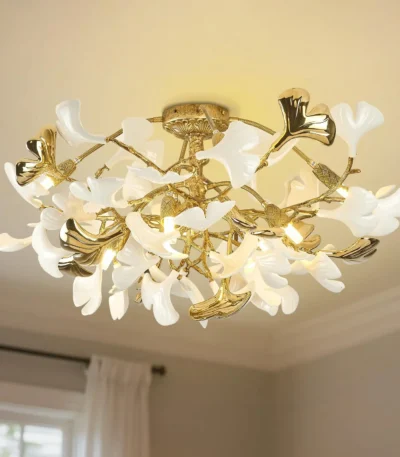 Modern Branch Chandelier Brass Ceramic Ginkgo Leaf Golden Chandelier Ceiling Light for Bedroom Living Room Dining Room