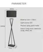 Modern floor lamp with iron frame and fabric shade in a contemporary living room