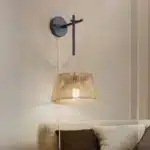 Rattan Wall Sconce Lighting, Boho Vintage Wall Mount Lamp with Wooden Shade, Farmhouse Rustic Indoor Wall Light for Bedroom